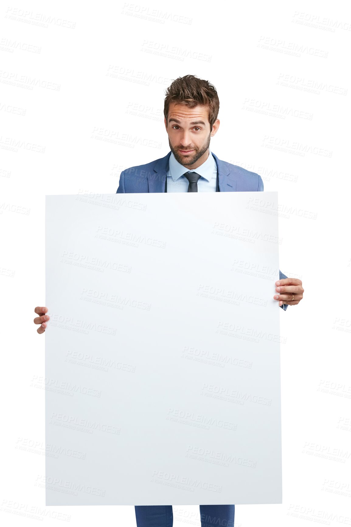 Buy stock photo Portrait, poster mockup or businessman with billboard for advertising for job opportunity or announcement. Branding, banner or entrepreneur with marketing sign isolated on transparent png background