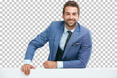 Buy stock photo Portrait, poster mockup or businessman with board for advertising for job opportunity or announcement. Smile, banner or happy entrepreneur with a marketing sign isolated on transparent png background