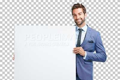 Buy stock photo Portrait, poster mockup or happy businessman with billboard for advertising and branding or announcement. Smile, sale banner or entrepreneur with marketing sign isolated on transparent png background