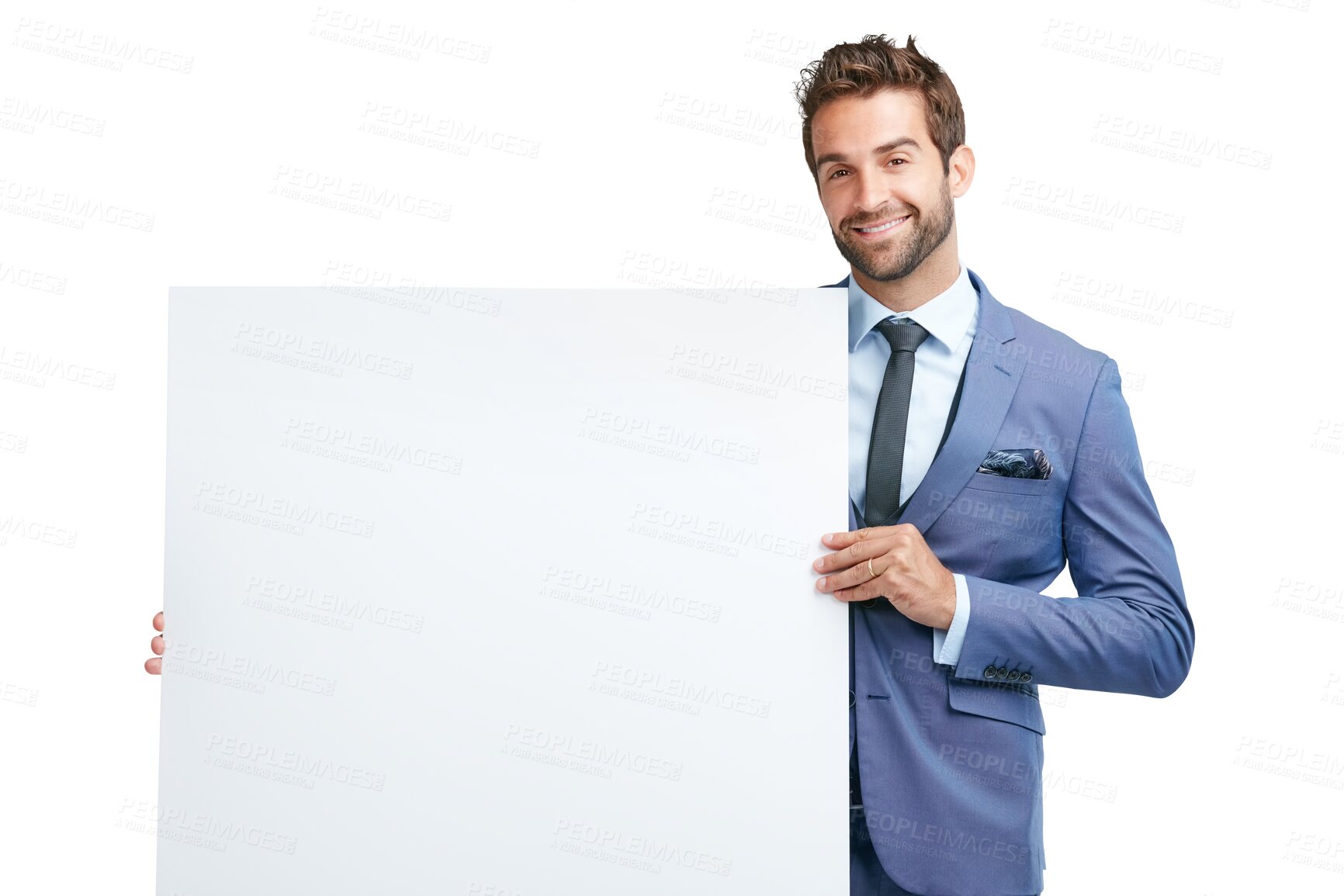 Buy stock photo Portrait, poster mockup or happy businessman with billboard for advertising and branding or announcement. Smile, sale banner or entrepreneur with marketing sign isolated on transparent png background