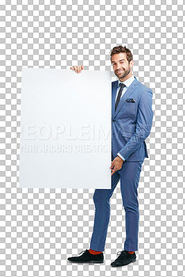 Buy stock photo Portrait, poster mockup or businessman with billboard for marketing for branding or announcement. Smile, sale banner or happy entrepreneur with advertising sign isolated on transparent png background