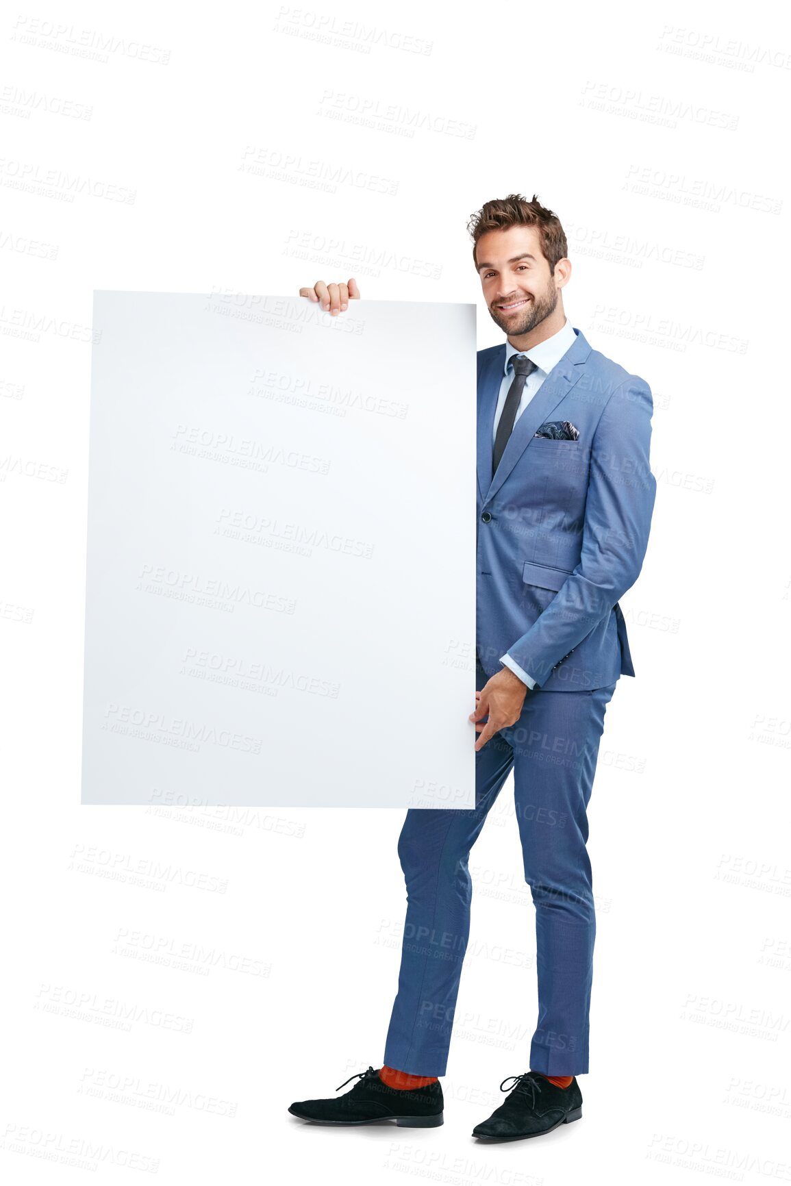 Buy stock photo Portrait, poster mockup or businessman with billboard for marketing for branding or announcement. Smile, sale banner or happy entrepreneur with advertising sign isolated on transparent png background