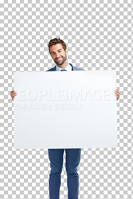 Buy stock photo Portrait, mockup space or businessman with billboard for advertising for logo, news or announcement. Smile, banner or happy entrepreneur with a marketing sign isolated on transparent png background