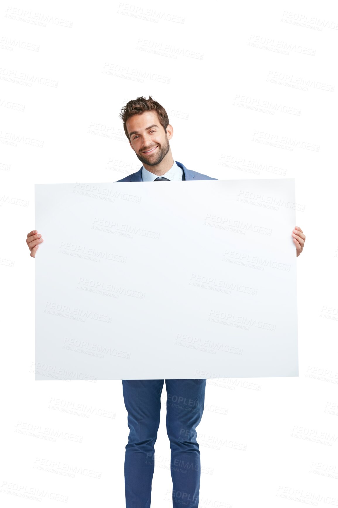 Buy stock photo Portrait, mockup space or businessman with billboard for advertising for logo, news or announcement. Smile, banner or happy entrepreneur with a marketing sign isolated on transparent png background