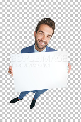 Buy stock photo Portrait, smile or happy businessman with poster mockup for advertising for logo, news or announcement. Branding, banner or entrepreneur with a marketing board isolated on transparent png background