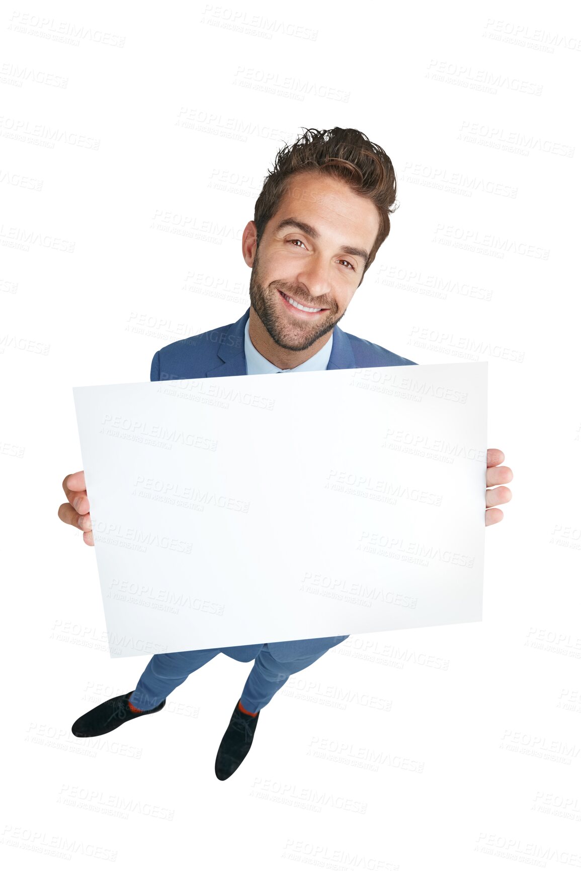 Buy stock photo Portrait, smile or happy businessman with poster mockup for advertising for logo, news or announcement. Branding, banner or entrepreneur with a marketing board isolated on transparent png background