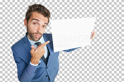 Buy stock photo Portrait, pointing or businessman with poster mockup for advertising for logo, news or announcement. Blank space, banner or entrepreneur with a marketing board isolated on transparent png background