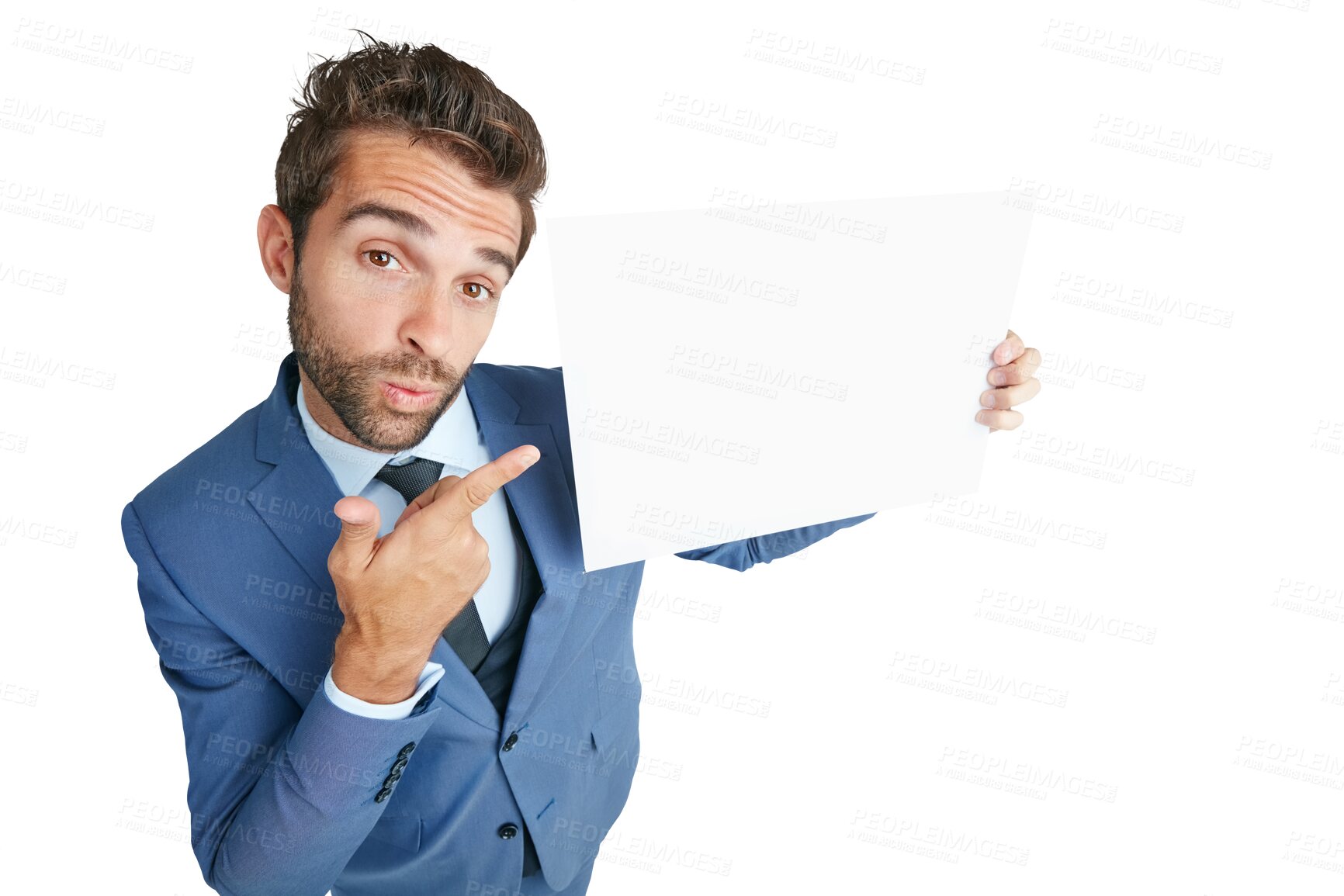 Buy stock photo Portrait, pointing or businessman with poster mockup for advertising for logo, news or announcement. Blank space, banner or entrepreneur with a marketing board isolated on transparent png background