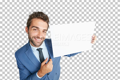 Buy stock photo Portrait, sign or happy businessman with poster mockup for advertising for logo, news or announcement. Sale space, banner or entrepreneur with a marketing board isolated on transparent png background