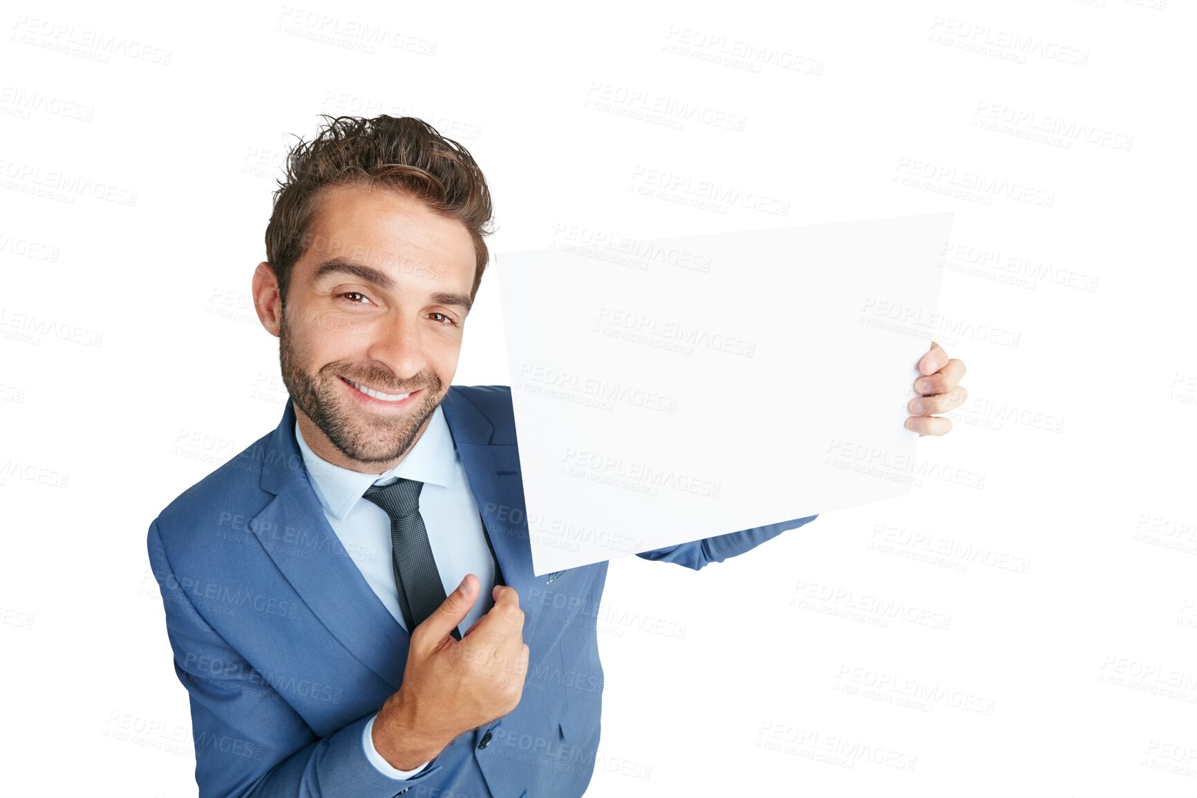 Buy stock photo Portrait, sign or happy businessman with poster mockup for advertising for logo, news or announcement. Sale space, banner or entrepreneur with a marketing board isolated on transparent png background