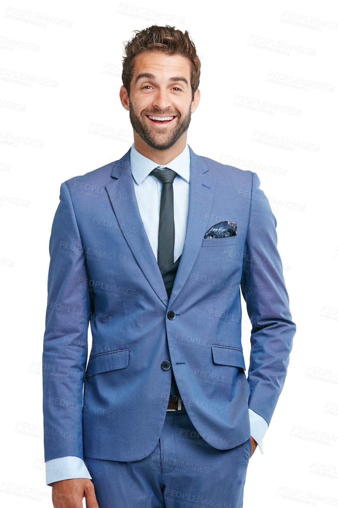 Buy stock photo Suit, portrait or businessman laughing with fashion or classy clothes isolated on transparent png background. Smile, happy rich entrepreneur or confident accountant in blue elegant tuxedo with pride