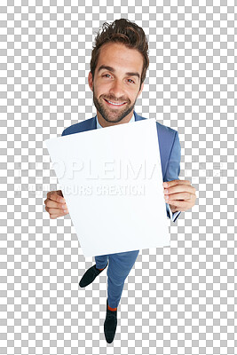 Buy stock photo Portrait, mockup space or happy businessman with poster for advertising for logo, news or announcement. Smile, banner or entrepreneur with a marketing board isolated on transparent png background