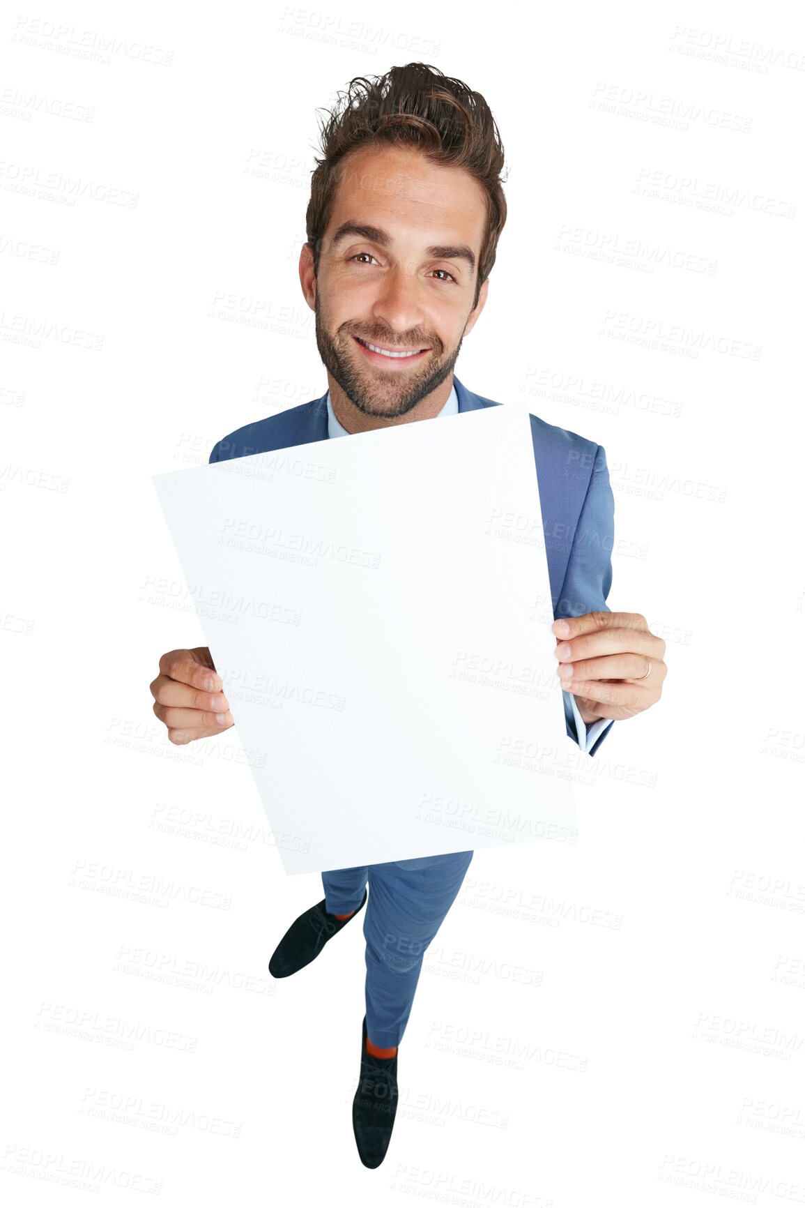 Buy stock photo Portrait, mockup space or happy businessman with poster for advertising for logo, news or announcement. Smile, banner or entrepreneur with a marketing board isolated on transparent png background