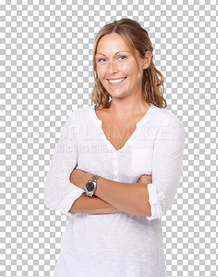 Buy stock photo Portrait, smile and woman with arms crossed, casual fashion or confident lady isolated on a transparent background. Face, female person or model with happiness, Canada or natural with png or stylish