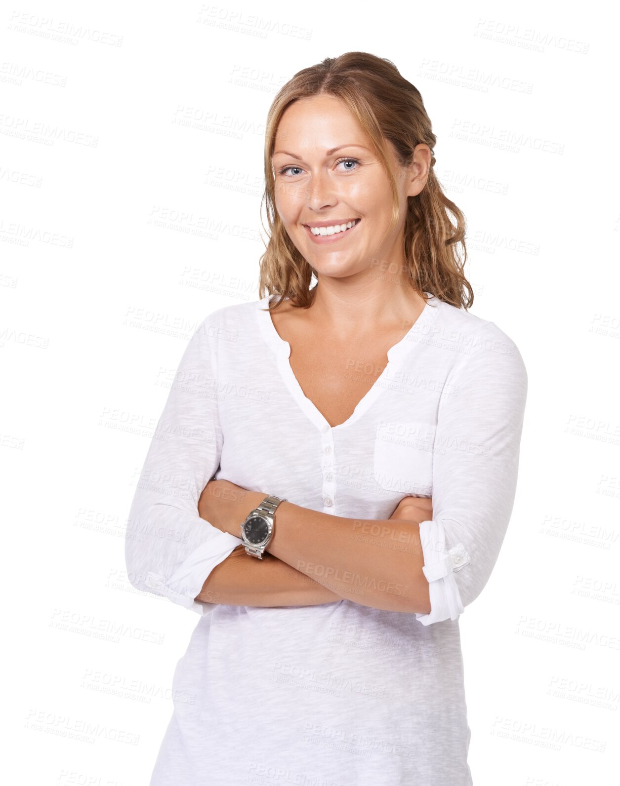 Buy stock photo Portrait, smile and woman with arms crossed, casual fashion or confident lady isolated on a transparent background. Face, female person or model with happiness, Canada or natural with png or stylish