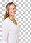 A young woman standing and smiling at the camera isolated on a png background