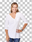 A young woman smiling at the camera with her hand on her hip isolated on a png background