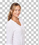 A young woman standing and smiling at the camera isolated on a png background