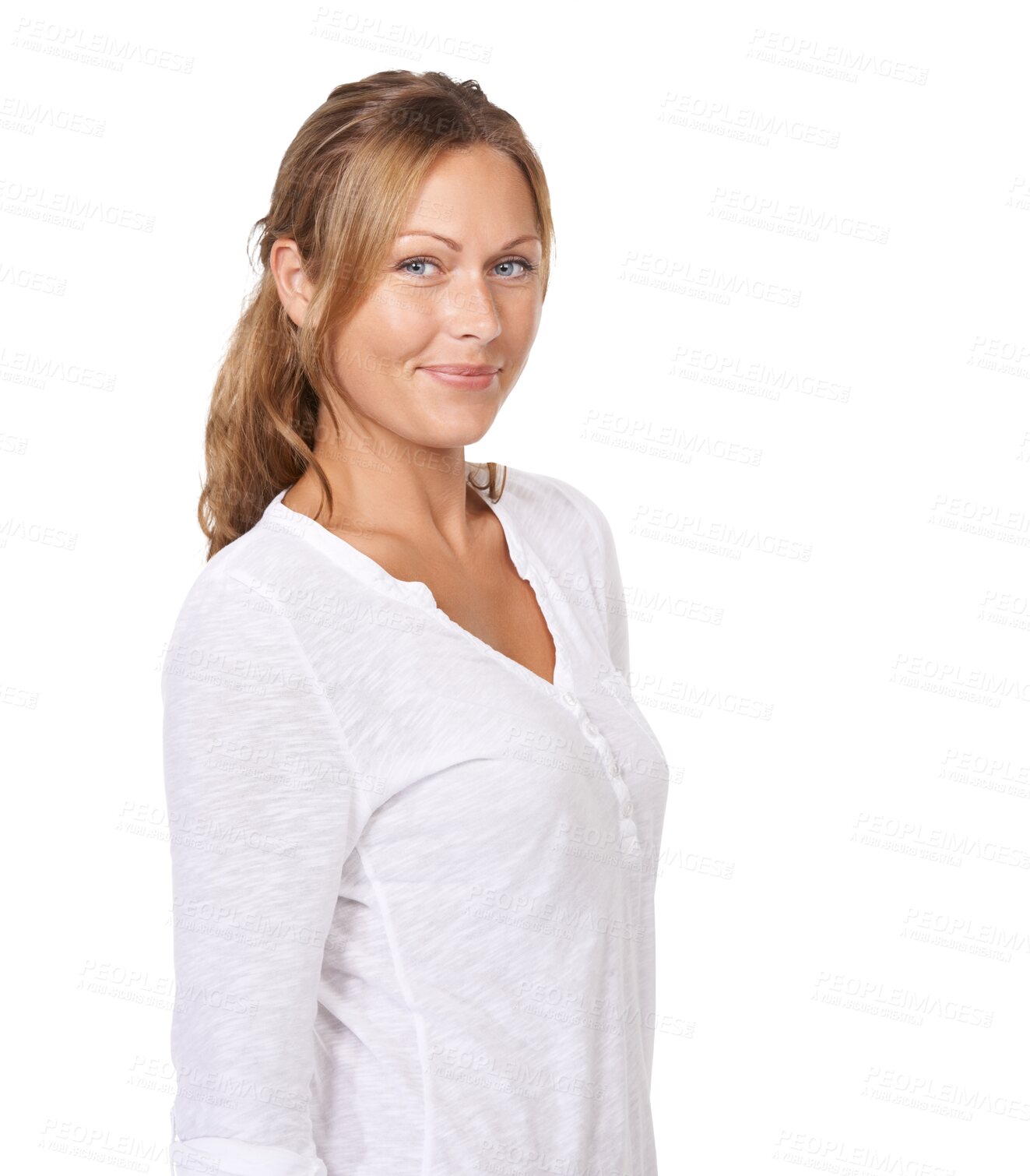 Buy stock photo Happy woman, confident in portrait and white tshirt, fashion with beauty and glow isolated on transparent png background. Natural cosmetics, female model in casual clothes and stylish with smile