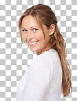 A young woman looking over her shoulder and smiling isolated on a png background