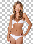 A young woman wearing white underwear standing with her hand on her hip isolated on a png background