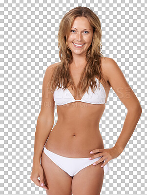 A young woman wearing white underwear standing with her hand on her hip  isolated on a png background