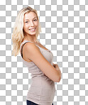 A young blonde woman standing with her arms folded isolated on a png background