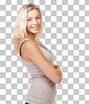 A young blonde woman standing with her arms folded isolated on a png background