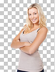 A young blonde woman standing with her arms folded isolated on a png background