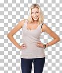 A beautiful young woman standing with her hand on her hip isolated on a png background