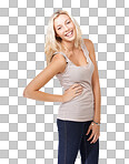 A beautiful young woman standing with her hand on her hip isolated on a png background