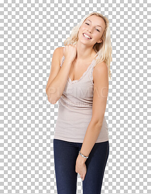 Smiling shy girl in stylish t-shirt and underwear Stock Photo by