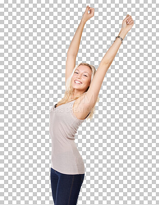 Buy stock photo Happy woman, portrait smile and celebration for freedom standing isolated on a transparent PNG background. Excited female person or model in happiness with hands up for winning, success or victory