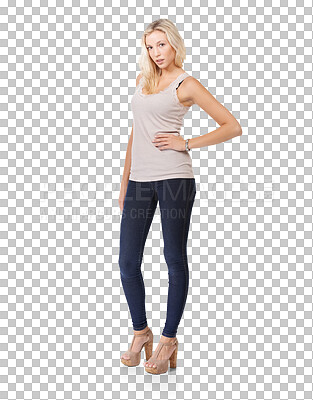 Buy stock photo Full body, jeans and woman in heels, trendy style or cool outfit for modeling isolated on a transparent, png background. Casual clothes of creative young person or confident fashion model from USA 