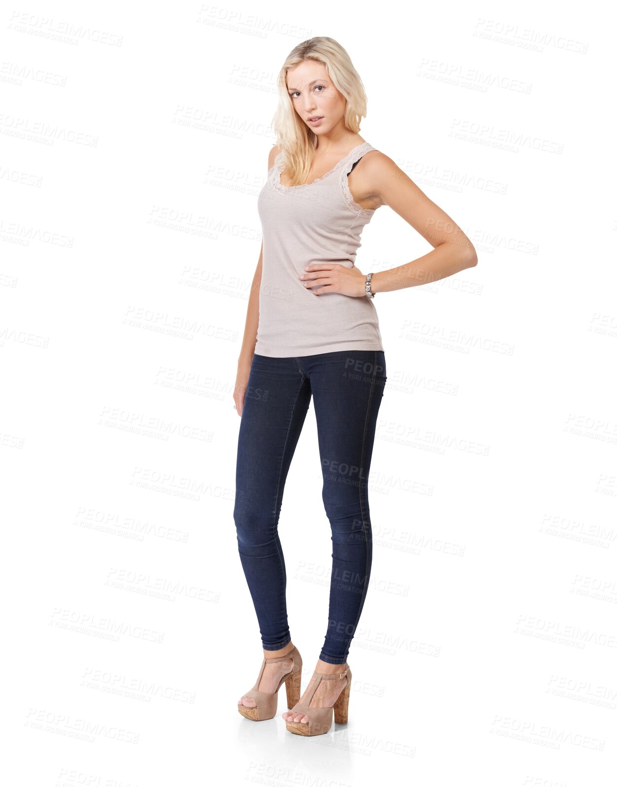 Buy stock photo Full body, jeans and woman in heels, trendy style or cool outfit for modeling isolated on a transparent, png background. Casual clothes of creative young person or confident fashion model from USA 