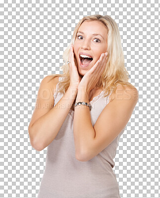 Buy stock photo Woman, portrait and face in surprise standing isolated on a transparent PNG background. Shocked and excited female person or model with hands on cheek and facial expression for winning prize or news