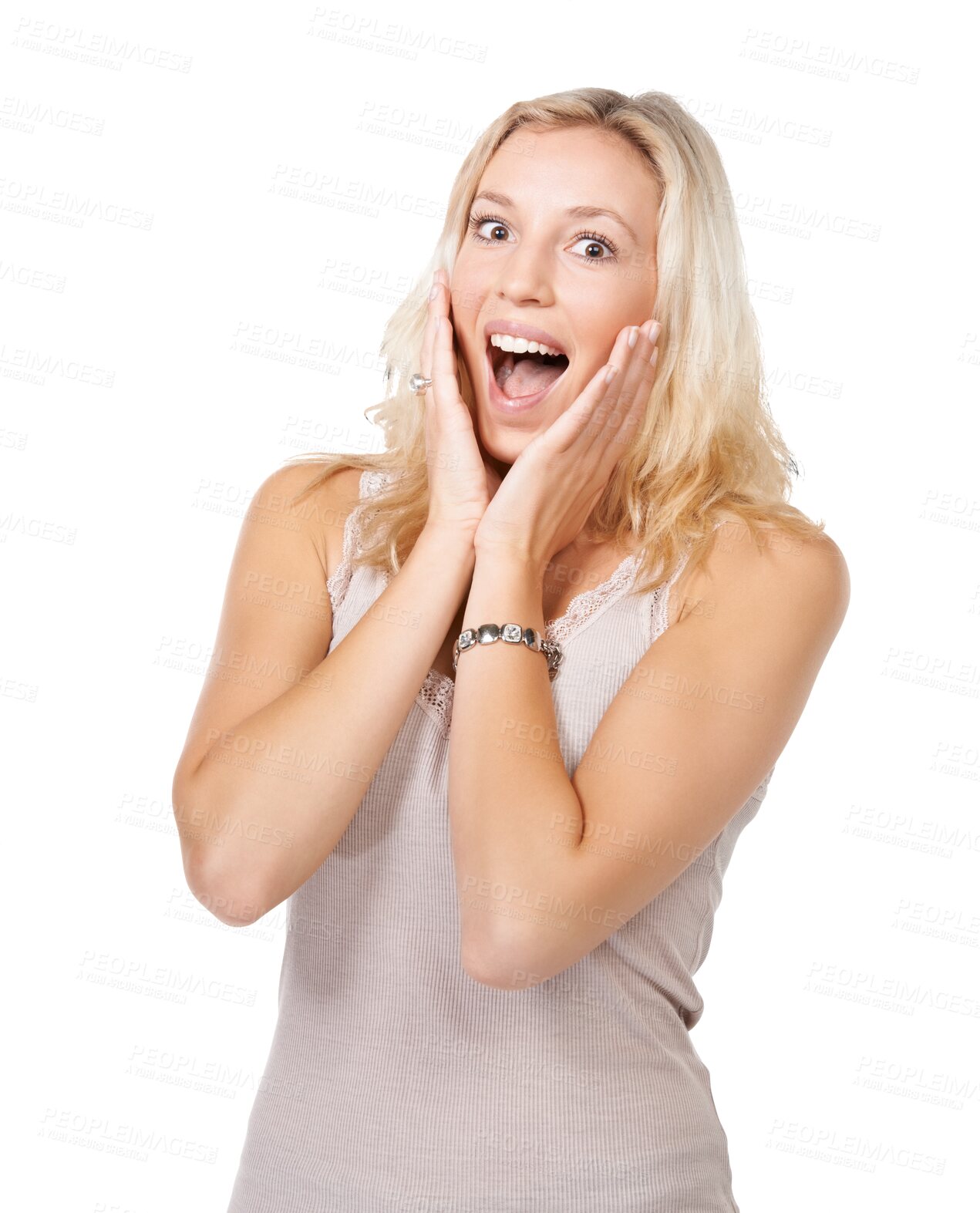 Buy stock photo Woman, portrait and face in surprise standing isolated on a transparent PNG background. Shocked and excited female person or model with hands on cheek and facial expression for winning prize or news