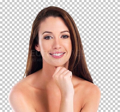 Buy stock photo Beauty, self care and portrait of a woman with a cosmetic, beautiful and natural glamour routine. Happy, smile and attractive female model with makeup glow face isolated by transparent png background