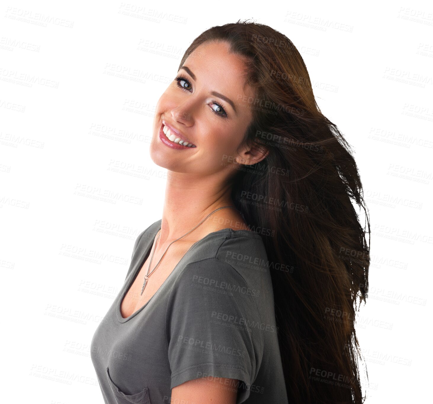 Buy stock photo Youth, portrait and happy woman isolated on a transparent png background. Face, casual style and fashion of female model from Australia with trendy clothes, fashionable outfit and wind in her hair.