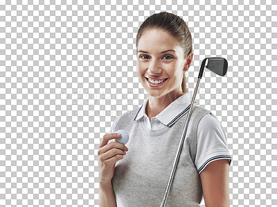 Buy stock photo Portrait, golf and woman with a smile, fitness and player isolated against a transparent background. Face, female person or model with golfing equipment, png or training for a competition or wellness