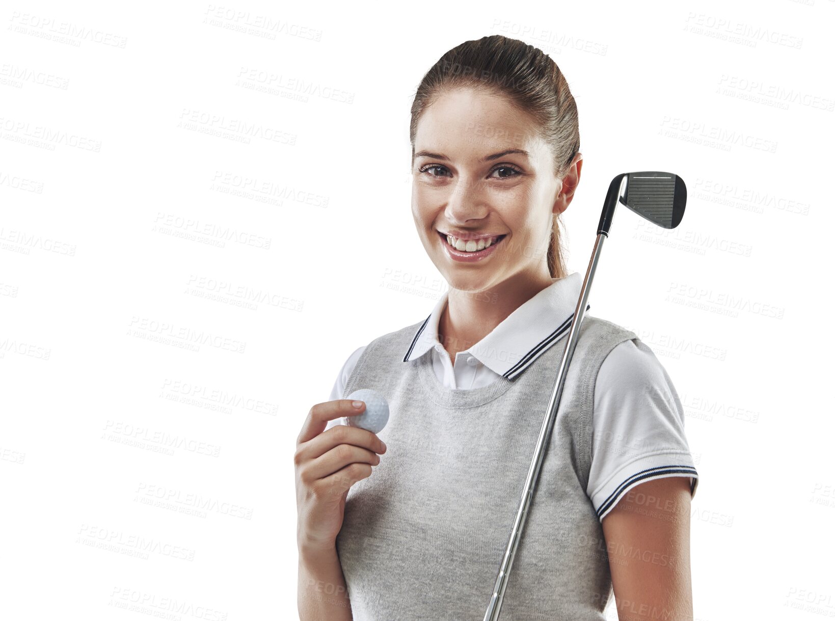 Buy stock photo Portrait, golf and woman with a smile, fitness and player isolated against a transparent background. Face, female person or model with golfing equipment, png or training for a competition or wellness