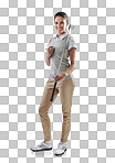 Studio shot of a young golfer holding a golf ball and iron club isolated on png background