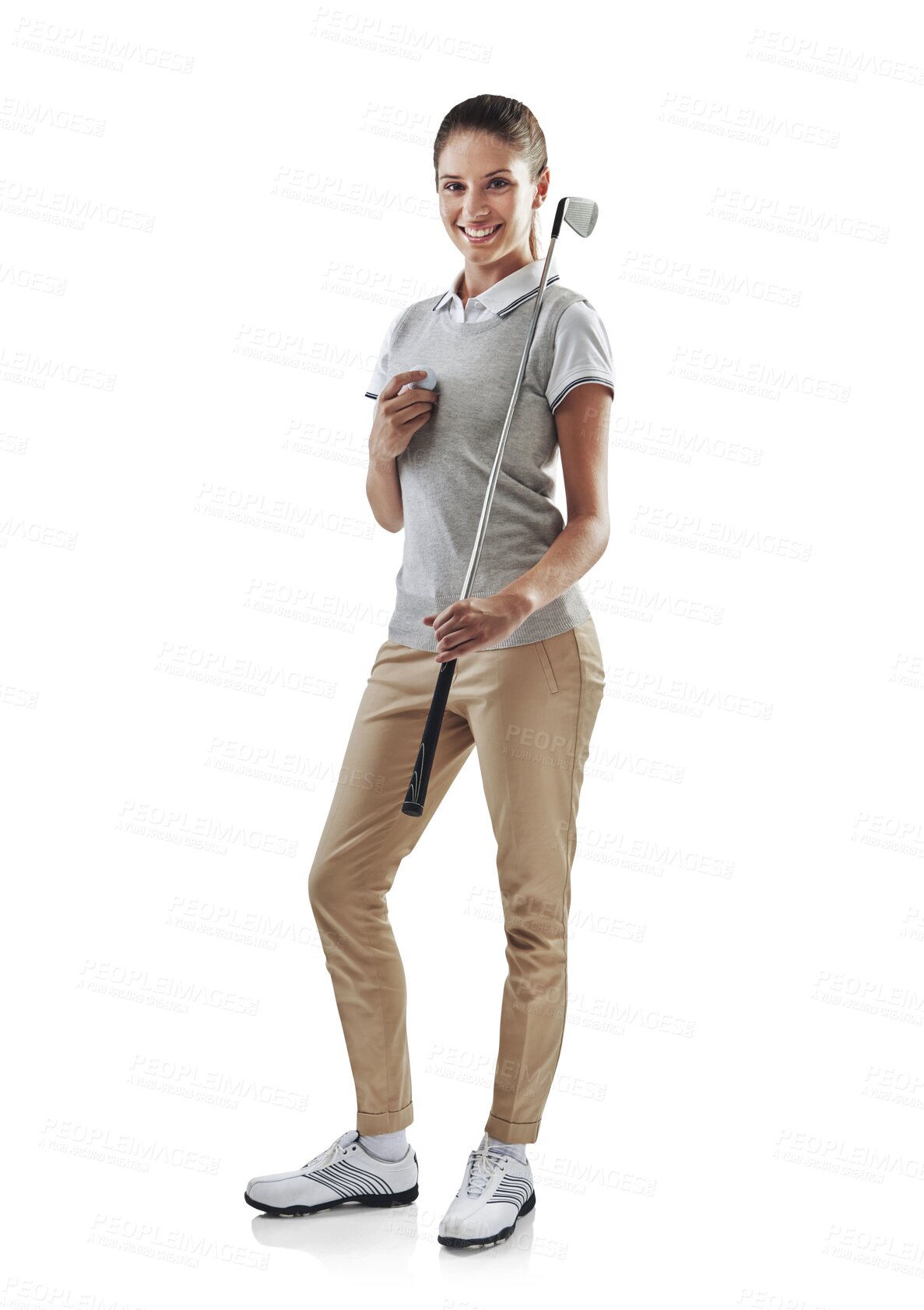 Buy stock photo Happy woman, portrait smile and golf club with ball standing isolated on a transparent PNG background. Female person, young model or golfer smiling and posing ready for sports match, game or golfing