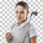 Studio shot of a young golfer holding a golf ball and iron club isolated on png background