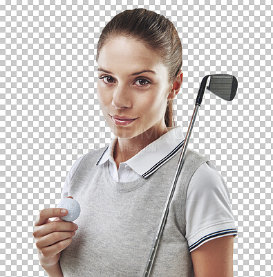 Buy stock photo Portrait, ball and woman with fitness, serious and athlete isolated against a transparent background. Face, female person or player with golfing equipment, training and workout with png and exercise