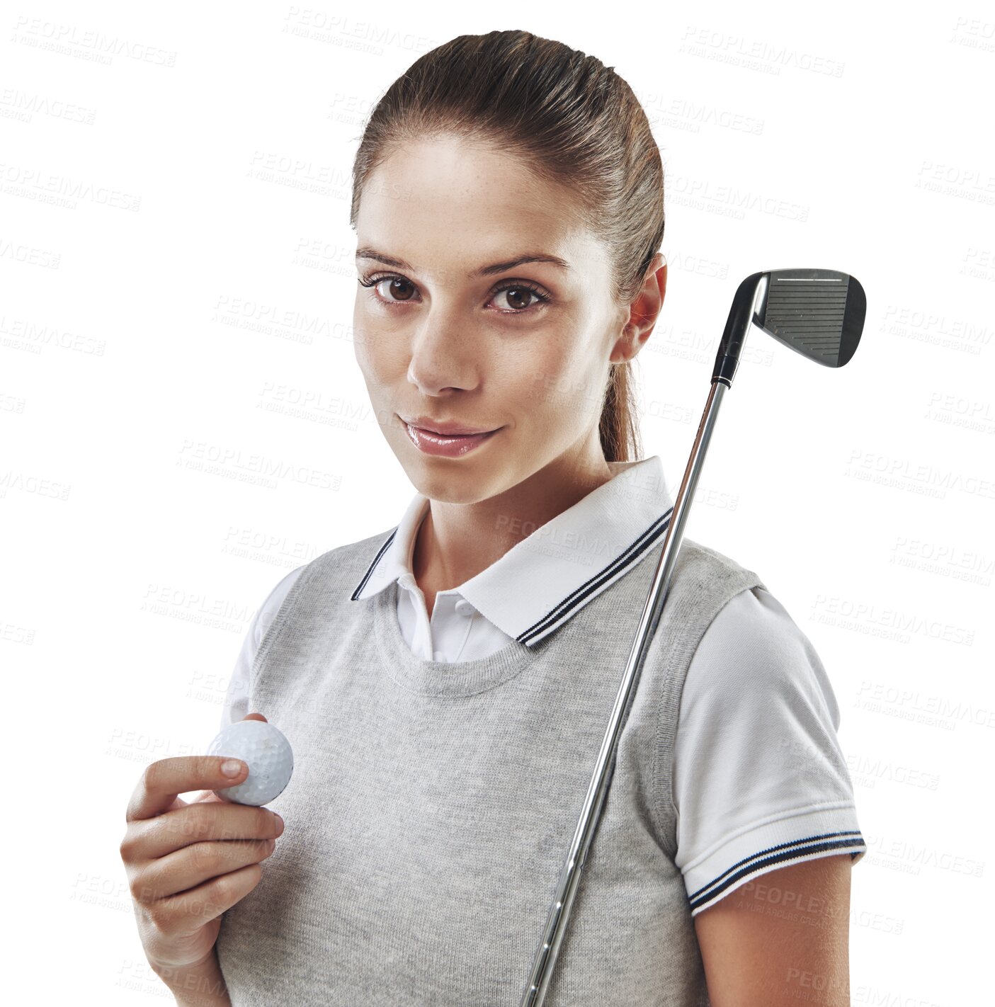 Buy stock photo Portrait, ball and woman with fitness, serious and athlete isolated against a transparent background. Face, female person or player with golfing equipment, training and workout with png and exercise