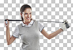 Studio shot of a young golfer holding a golf club behind her back isolated on png background