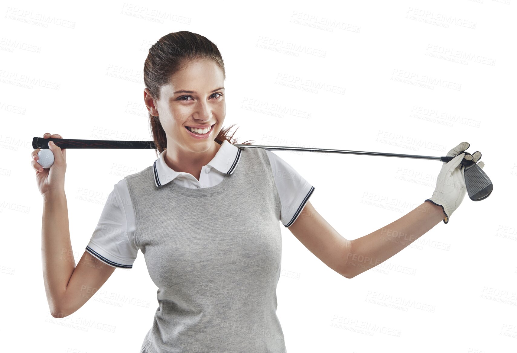 Buy stock photo Golf club, happy and portrait of female athlete with a glove for sports tournament, game or competition. Fitness, professional and woman golfer with equipment isolated by a transparent png background