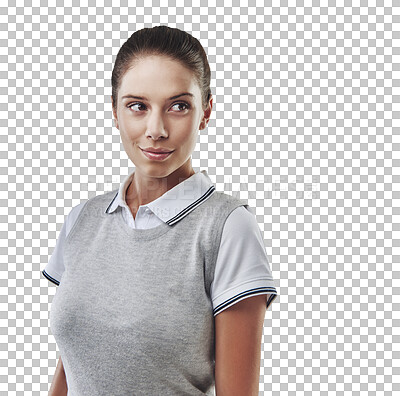 Buy stock photo Golf, thinking or woman with ideas, planning or girl isolated on a transparent background. Female person, golfer or player with fitness, opportunity or strategy for competition with png or confidence