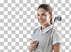 Studio shot of a young golfer holding a golf ball and iron club isolated on png background